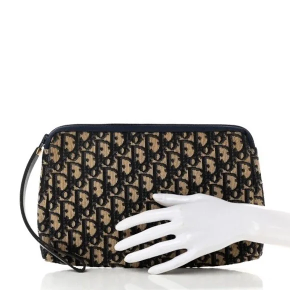 Authentic CHRISTIAN DIOR Vintage Monogram Wristlet Clutch Navy Blue/Beige - Picture 3 of 14